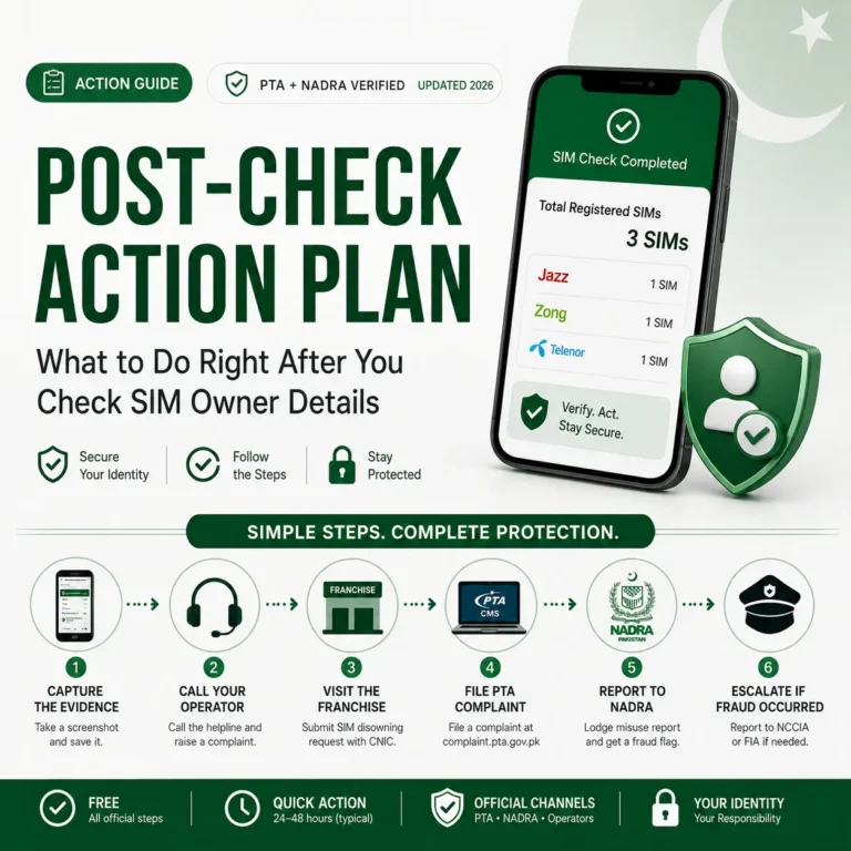 Post-check action plan for an unknown SIM registered on a CNIC, showing steps to contact the network operator, visit a franchise, file a PTA complaint, report to NADRA, and escalate fraud to NCCIA or FIA in Pakistan.