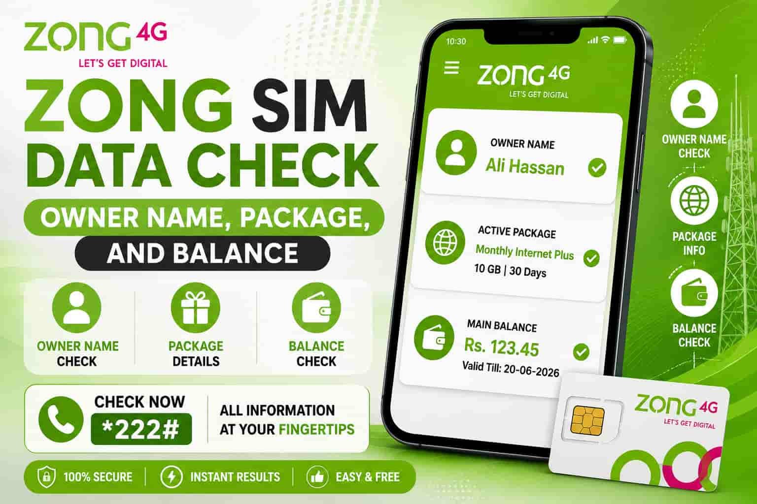 Zong SIM data check for owner name, package details and balance