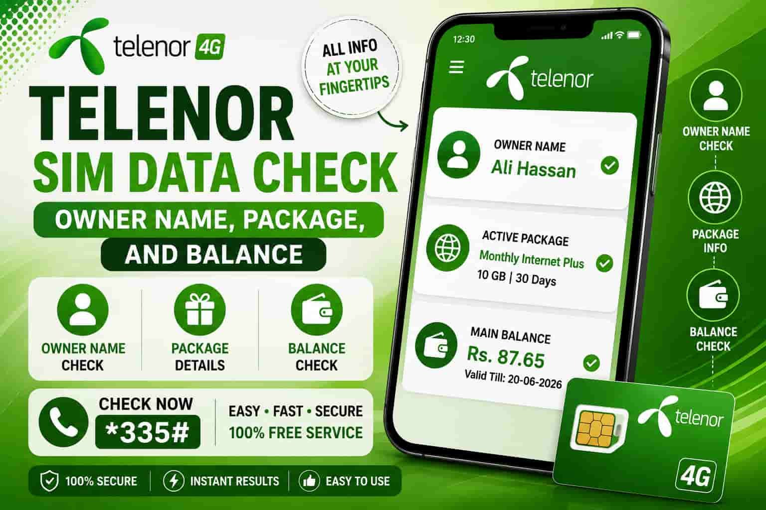 Telenor SIM data check for owner name, package details and balance